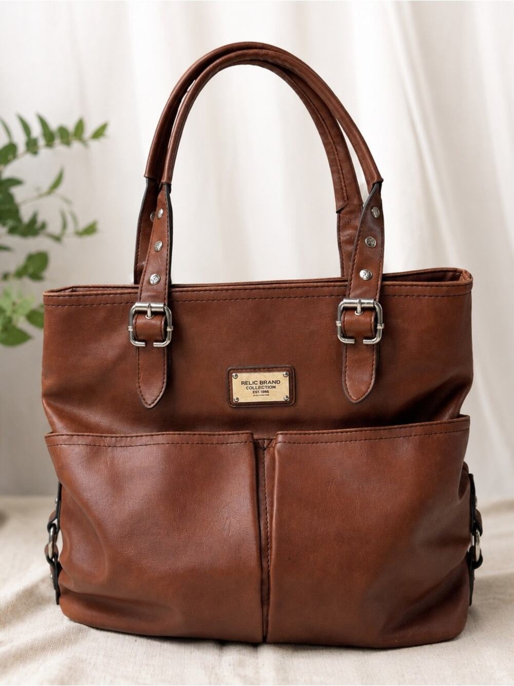 Relic Brown Faux Leather Shoulder Tote Bag Multi Pocket Silver Hardware